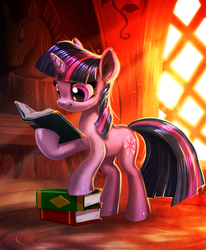 Size: 1481x1800 | Tagged: safe, artist:harwick, twilight sparkle, pony, unicorn, g4, book, cute, female, golden oaks library, mare, reading, scenery, smiling, solo, that pony sure does love books, twiabetes, twilight day, twilight sparkle day, unicorn twilight