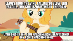 Size: 600x337 | Tagged: safe, edit, edited screencap, screencap, pear butter, earth pony, pony, g4, the perfect pear, avatar the last airbender, cute, female, guitar, image macro, lidded eyes, mare, meme, memeful.com, pearabetes, solo, you're in my head like a catchy song