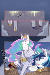 Size: 960x1440 | Tagged: safe, artist:cold-blooded-twilight, princess celestia, shining armor, oc, oc:blazing saddles, alicorn, pony, unicorn, comic:cold storm, g4, clothes, comic, crown, dialogue, hoof shoes, magic, peytral, regalia, robe, spread wings, unshorn fetlocks, wings