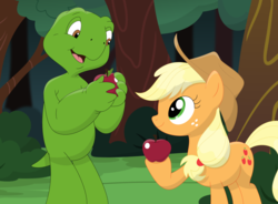 Size: 1042x767 | Tagged: safe, artist:porygon2z, applejack, earth pony, pony, reptile, turtle, anthro, g4, anthro with ponies, apple, crossover, duo, duo male and female, female, food, franklin, franklin the turtle, male, mare, no shell