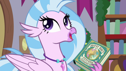 Size: 1280x720 | Tagged: safe, screencap, silverstream, classical hippogriff, hippogriff, g4, the hearth's warming club, book, cute, diastreamies, female, history, solo
