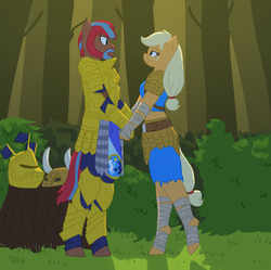 Size: 952x950 | Tagged: safe, artist:carnifex, applejack, oc, oc:northern shield, earth pony, anthro, unguligrade anthro, g4, armor, beard, canon x oc, clothes, commission, digital art, facial hair, female, forest, helmet, holding hands, looking at each other, male, mare, smiling, stallion, tree, tree stump