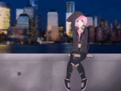 Size: 3297x2498 | Tagged: safe, artist:cinnamontee, fluttershy, human, g4, city, cityscape, clothes, female, high res, hoodie, humanized, looking away, pants, scenery, sitting, solo