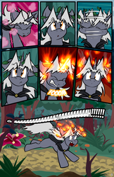 Size: 3500x5406 | Tagged: safe, artist:virmir, oc, oc only, oc:virmare, oc:virmir, pony, comic:nature walk, absurd resolution, cape, clothes, comic, fire, forest, leaves, screaming, solo, species swap