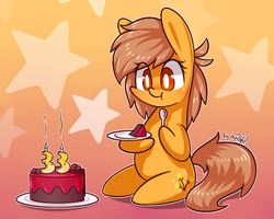 Size: 1920x1536 | Tagged: safe, artist:dsp2003, oc, oc:meadow stargazer, earth pony, pony, bipedal, birthday cake, birthday candles, blushing, cake, chibi, eating, female, food, mare, plate, signature, spoon, stars, style emulation