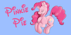 Size: 8000x4000 | Tagged: safe, artist:emilywulfstudios, pinkie pie, earth pony, pony, g4, absurd resolution, blue background, disney font, eyes closed, female, happy, simple background, solo, style emulation