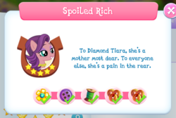 Size: 1439x968 | Tagged: safe, gameloft, spoiled rich, earth pony, pony, g4, female, introduction card, mare, rhyme