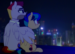 Size: 1504x1080 | Tagged: safe, artist:shinodage, oc, oc:apogee, oc:jet stream, pegasus, pony, city, father and daughter, female, filly, freckles, hug, male, night, rooftop, stallion, winghug