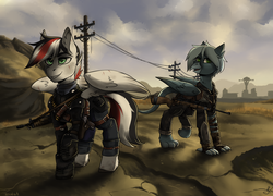 Size: 2780x2000 | Tagged: safe, artist:serodart, oc, oc only, oc:damiyan, griffon, pegasus, pony, fallout equestria, 3d, clothes, coat, duo, fallout, fallout: new vegas, green eyes, gun, high res, hooves, male, open mouth, rifle, source filmmaker, stallion, teeth, wasteland, weapon, wings