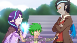 Size: 1280x720 | Tagged: safe, artist:jonfawkes, discord, spike, starlight glimmer, human, a matter of principals, g4, angry, clothes, crossed arms, dialogue, elf ears, eye contact, fingerless gloves, gloves, glowing hands, gritted teeth, humanized, looking at each other, scene interpretation, trio, unicorns as elves, winged humanization, wings