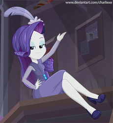 Size: 746x812 | Tagged: safe, artist:charliexe, rarity, equestria girls, g4, my little pony equestria girls: better together, rarity investigates: the case of the bedazzled boot, rarity investigates: the case of the bedazzled boot: applejack, clothes, dress, feather, female, hat, high heels, legs, pillbox hat, she got legs, shoes, sitting, smiling, solo