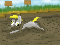 Size: 1600x1200 | Tagged: safe, alternate version, artist:amateur-draw, derpy hooves, pony, g4, beach, covered in mud, female, lying down, mud, muddy, scrunchy face, sign, solo, wet and messy