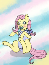 Size: 1024x1365 | Tagged: dead source, safe, artist:xintooblivionx, fluttershy, pony, g4, adult foal, blushing, bow, cute, diaper, diaper fetish, female, fetish, hair bow, non-baby in diaper, onesie, pacifier, shyabetes, solo