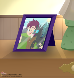 Size: 1476x1558 | Tagged: safe, artist:raspberrystudios, oc, oc:beebee, oc:eventide oath, changeling, fanfic:the bug in the basement, equestria girls, g4, fanfic, fanfic art, fanfic cover, lamp, photo, picture frame, the bug in the basement