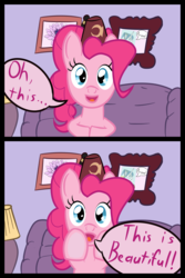 Size: 4096x6144 | Tagged: safe, artist:venaf, pinkie pie, earth pony, pony, g4, 2 panel comic, absurd resolution, atg 2018, beautiful, comic, female, fez, fourth wall, gravity falls, hat, looking at you, male, mare, newbie artist training grounds, reaction image, text
