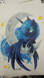 Size: 1152x2048 | Tagged: safe, artist:jadedjynx, princess luna, alicorn, pony, g4, crescent moon, crown, female, jewelry, looking at you, moon, regalia, solo, tangible heavenly object, traditional art