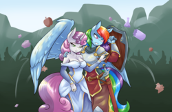 Size: 3300x2158 | Tagged: safe, artist:ambris, rainbow dash, sweetie belle, pegasus, unicorn, anthro, g4, alternate universe, angry mob, apple, armor, belt, bodyguard, breasts, broken bottle, busty sweetie belle, cleavage, clothes, commission, duo, female, food, high res, lesbian, older, older sweetie belle, protecting, shield, ship:sweetiedash, shipping, sword, weapon, youtube link