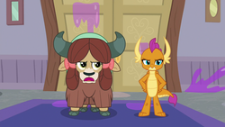 Size: 1280x720 | Tagged: safe, screencap, smolder, yona, dragon, yak, g4, the hearth's warming club, cloven hooves, displeased, dragoness, female, front view, hair bow, hands on head, horns, looking at someone, messy, monkey swings, narrowed eyes, smolder is not amused, talking, teenaged dragon, teenager, unamused, yona is not amused
