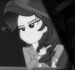 Size: 688x640 | Tagged: safe, screencap, rarity, equestria girls, equestria girls series, g4, rarity investigates: the case of the bedazzled boot, check em, cropped, detective rarity, female, monochrome, noir, rarity investigates (eqg): pinkie pie, reaction image, solo