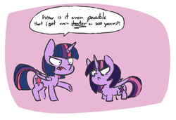 Size: 1348x922 | Tagged: safe, artist:luxaestas, twilight sparkle, alicorn, pony, descended twilight, g4, :<, angry, bags under eyes, female, future future twilight, height difference, looking at each other, mare, multeity, raised hoof, size difference, speech bubble, style emulation, text, twilight sparkle (alicorn)