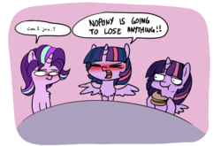 Size: 1991x1313 | Tagged: safe, artist:duop-qoub, starlight glimmer, twilight sparkle, alicorn, pony, unicorn, descended twilight, g4, :t, blushing, blushing profusely, burger, comic, eating, embarrassed, eyes closed, female, food, future future twilight, lesbian, mare, multeity, open mouth, scrunchy face, ship:twistarlight, shipping, speech bubble, spread wings, text, twilight burgkle, twilight sparkle (alicorn), wings