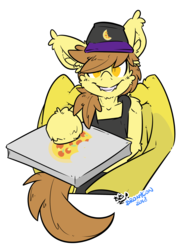 Size: 2550x3300 | Tagged: safe, artist:bbsartboutique, oc, oc only, oc:stuffed crust, bat pony, pony, bronycon, apron, clothes, ear fluff, fangs, food, hat, high res, pizza, simple background, smiling, solo, tail, transparent background