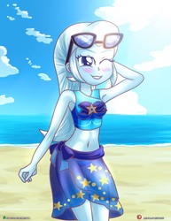 Size: 1159x1500 | Tagged: safe, artist:dieart77, trixie, equestria girls, g4, my little pony equestria girls: better together, armpits, beach, belly button, bikini, bikini bottom, breasts, clothes, cute, diatrixes, female, midriff, ocean, sand, sarong, solo, stupid sexy trixie, sunglasses, swimsuit