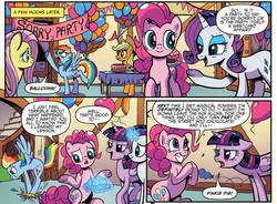 Size: 889x653 | Tagged: safe, artist:pencils, idw, official comic, applejack, fluttershy, pinkie pie, rainbow dash, rarity, twilight sparkle, alicorn, earth pony, pegasus, pony, unicorn, g4, spoiler:comic, spoiler:comic69, balloon, balloon popping, comic, cropped, female, magic, mane six, mare, party balloon, popping, speech bubble, telekinesis, twilight sparkle (alicorn), wordplay