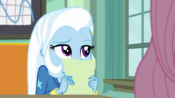 Size: 1280x720 | Tagged: safe, screencap, fluttershy, trixie, a little birdie told me, equestria girls, equestria girls series, g4, canterlot high, classroom, cute, desk, diatrixes, female, frustrated, hiding face, math test, offscreen character, paper