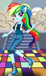 Size: 404x669 | Tagged: safe, artist:spike fancy, rainbow dash, human, equestria girls, g4, clothes, dressup, game, jacket, lipstick, looking at you, pants, ponied up, shoes, smiling, sneakers