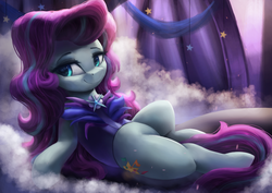Size: 3600x2550 | Tagged: safe, artist:vanillaghosties, coloratura, earth pony, pony, g4, atg 2018, clothes, female, high res, looking at you, mare, newbie artist training grounds, rarabetes, scenery, solo, stage