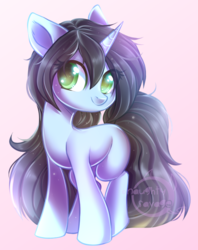 Size: 600x757 | Tagged: safe, artist:cabbage-arts, oc, oc only, oc:mysty, pony, unicorn, commission, commissioner:mysteriouspone, female, gradient background, horn, mare, smiling, solo, unicorn oc