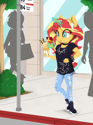 Size: 800x1067 | Tagged: safe, artist:blu-usagi, sunset shimmer, unicorn, anthro, g4, cellphone, clothes, earbuds, food, glowing horn, horn, ice cream, magic, phone, ripped jeans, shirt, smartphone, solo focus, street, t-shirt, telekinesis