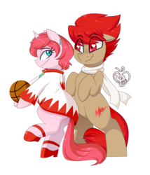 Size: 1280x1493 | Tagged: safe, artist:notenoughapples, oc, oc only, oc:blitz drive, oc:diamond stellar, earth pony, pony, unicorn, basketball, bipedal, bump, clothes, commission, dress, drivellar, duo, ear piercing, earring, female, final fantasy, heart, heart eyes, hoodie, jewelry, male, mare, oc x oc, piercing, scarf, shipping, simple background, sports, stallion, straight, transparent background, white mage, wingding eyes