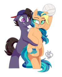 Size: 1280x1600 | Tagged: safe, artist:notenoughapples, oc, oc only, oc:break spin, oc:playa "spikeball" azul, pony, backwards ballcap, baseball cap, belly button, bipedal, cap, commission, duo, female, hat, male, mare, oc x oc, ponytail, shipping, simple background, spikespin, sports, stallion, straight, transparent background, volleyball