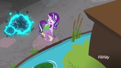 Size: 1920x1080 | Tagged: safe, screencap, spike, starlight glimmer, dragon, pony, twittermite, unicorn, a matter of principals, g4, cattails, duo, female, male, mare, reeds, swarm, water, winged spike, wings