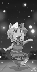 Size: 1276x2458 | Tagged: safe, artist:shonuff44, oc, oc only, oc:azur lachrimae, crystal pony, firefly (insect), anthro, unguligrade anthro, bow, chibi, choker, clothes, female, hair bow, happy, monochrome, night, smiling