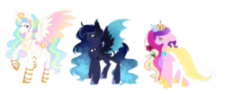 Size: 2216x924 | Tagged: safe, artist:piidorenko, princess cadance, princess celestia, princess luna, pony, g4, alicorn triarchy, alternate design, bat wings, cloak, clothes, concave belly, curved horn, flower, height difference, horn, magic, sad, simple background, slender, thin, transparent background