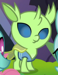 Size: 365x465 | Tagged: safe, screencap, lumbar, ocellus, spiracle, changedling, changeling, nymph, g4, the hearth's warming club, background changeling, cropped, solo focus