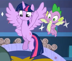 Size: 457x388 | Tagged: safe, screencap, spike, twilight sparkle, alicorn, dragon, pony, a matter of principals, g4, cropped, duo, female, flying, high five, hooves on hips, male, mare, smiling, twilight sparkle (alicorn), winged spike, wings