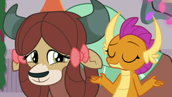 Size: 1280x720 | Tagged: safe, screencap, smolder, yona, dragon, yak, g4, season 8, the hearth's warming club, can't argue with that, cute, dragoness, duo, duo female, female, happy, monkey swings, smiling, yonadorable