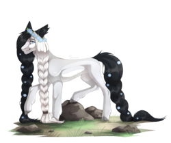 Size: 3100x2593 | Tagged: safe, artist:shchavel, oc, oc only, pony, blue eyes, braid, braided tail, chin fluff, colored belly, floral head wreath, flower, flower in hair, flower in tail, high res, long mane, looking at you, looking sideways, pale belly, raised hoof, scrunchie, signature, simple background, slender, solo, tail, thin, transparent background