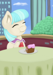 Size: 840x1200 | Tagged: safe, artist:redquoz, coco pommel, earth pony, pony, equestria daily, g4, atg 2018, cake slice, clothes, day 15, female, manehattan, newbie artist training grounds, solo