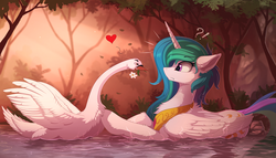 Size: 2200x1257 | Tagged: safe, artist:yakovlev-vad, princess celestia, alicorn, bird, pony, swan, g4, cheek fluff, chest fluff, confused, crown, cute, cutelestia, daisy (flower), do not want, duo, ear fluff, exclamation point, eye clipping through hair, female, floppy ears, flower, flower in mouth, fluffy, forest, frown, grin, heart, horn, interrobang, lidded eyes, looking at each other, mare, missing accessory, mouth hold, nature, nope, peytral, pushing, question mark, regalia, scenery, shoulder fluff, smiling, smirk, surprised, swanlestia, sweet dreams fuel, swimming, tree, varying degrees of want, wall of tags, water, wet, wide eyes, wing fluff, wings, yakovlev-vad is trying to murder us
