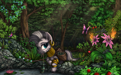 Size: 2300x1438 | Tagged: safe, artist:yakovlev-vad, zecora, butterfly, pony, zebra, g4, beautiful, bottle, cute, ear piercing, earring, everfree forest, featured image, female, flower, forest, jewelry, looking at you, mouth hold, piercing, prone, scenery, scenery porn, solo, zecorable
