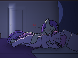 Size: 1120x840 | Tagged: safe, artist:goodie-bag, derpibooru exclusive, alula, piña colada, pluto, earth pony, pegasus, pony, g4, awwlula, bed, belly, belly button, blank flank, blushing, cuddling, curtains, door, erroriabetes, female, happy, heart, hoof on belly, lesbian, lying down, mare, messy mane, night, nuzzling, older, on bed, outie belly button, paint.net, pillow, piña cutelada, piñalula, pregnant, shipping, smiling, spooning, teen pregnancy, teenager, tired