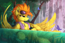 Size: 2300x1542 | Tagged: safe, artist:yakovlev-vad, spitfire, butterfly, crab, pegasus, pony, semi-anthro, g4, bracelet, chest fluff, cute, cutefire, ear fluff, earbuds, female, fluffy, gritted teeth, human shoulders, humanoid torso, jewelry, leg fluff, lidded eyes, lying down, mare, music notes, nature, necklace, on back, raised hoof, relaxing, scenery, sitting, slender, smiling, solo, sunglasses, thin, towel, tree, underhoof, water, wing fluff, wings