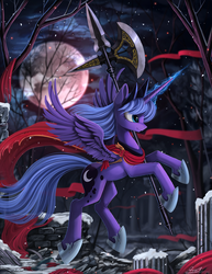 Size: 2104x2720 | Tagged: safe, artist:php58, artist:yakovlev-vad, princess luna, alicorn, pony, badass, clothes, collaboration, female, glowing horn, halberd, magic, mare, moon, night, s1 luna, scarf, slim, smiling, snow, snowfall, solo, spread wings, warrior luna, weapon, wings