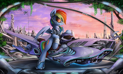 Size: 2500x1498 | Tagged: safe, artist:yakovlev-vad, rainbow dash, pegasus, pony, badass, clothes, epic, female, future, futuristic, glasses, hoverbike, mare, science fiction, smiling, solo