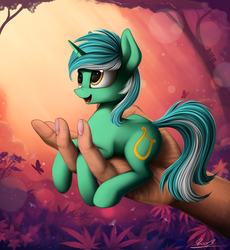 Size: 1700x1848 | Tagged: safe, artist:yakovlev-vad, lyra heartstrings, human, pony, unicorn, g4, cute, disembodied hand, female, hand, holding a pony, in goliath's palm, it's dangerous to go alone, lyrabetes, mare, micro, open mouth, prone, smiling, solo focus, tiny ponies